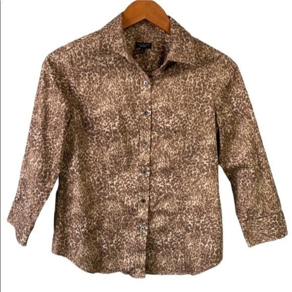 Talbots Animal Print Button Up Shirt 3/4 Sleeve Stretchy Cotton Neutral Office